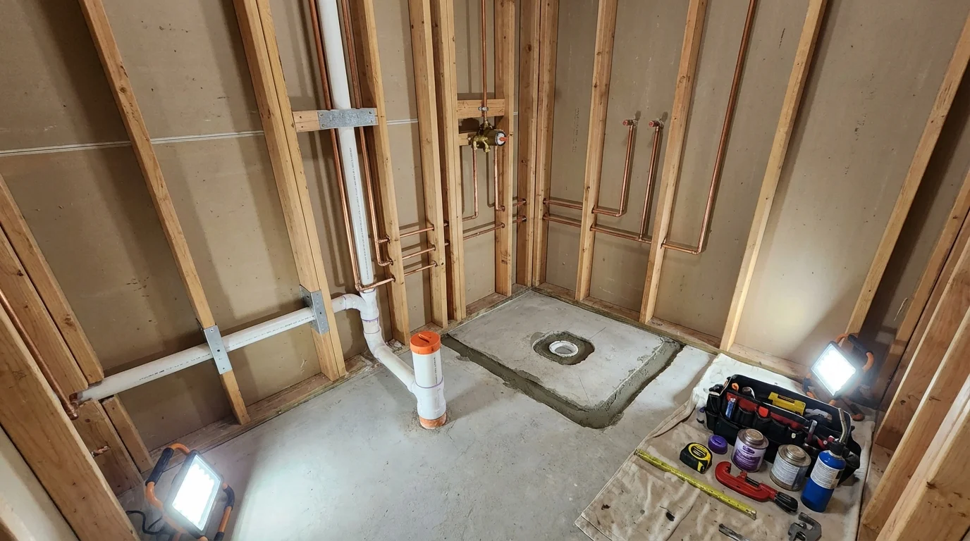 Bathroom rough-in plumbing during remodel by Johns Plumbing LLC in Salmon