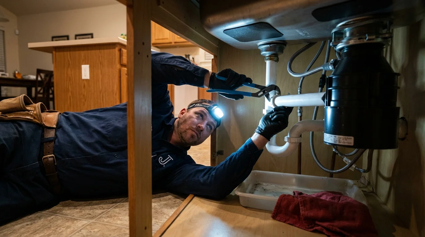 P-trap and supply line connections under a kitchen sink showing a common leak point in Salmon, ID